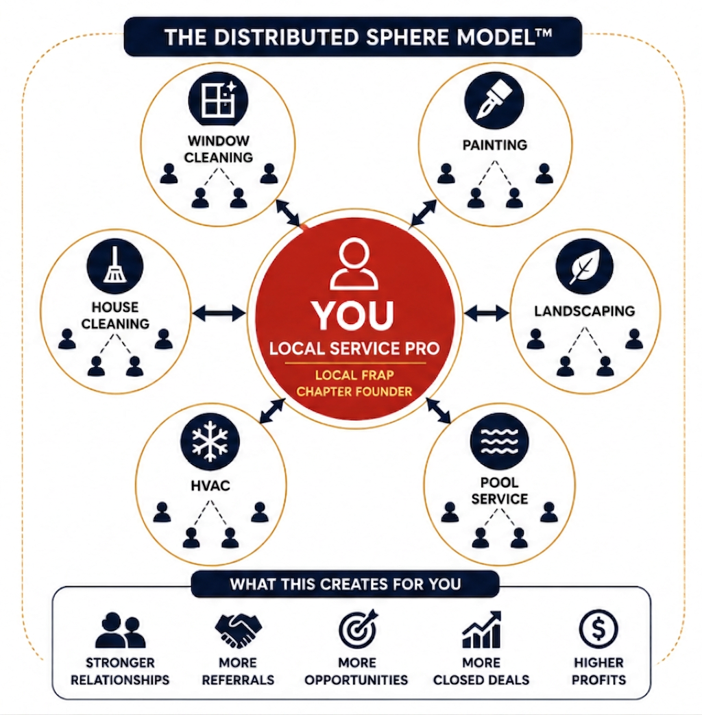 The Distributed Sphere Model — you as a local service pro at the center of a network of trusted local service professionals (window cleaning, painting, landscaping, pool service, HVAC, house cleaning) creating stronger relationships, more referrals, more opportunities, more closed deals, and higher profits.
